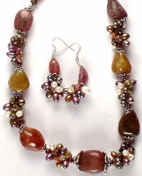Tourmaline & Pearl Beaded Necklace with Matching Earrings
