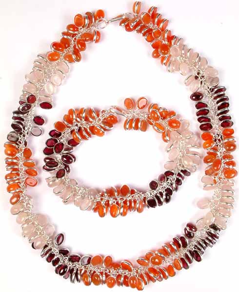 Tricolor Gemstone Bunch Necklace & Bracelet Set