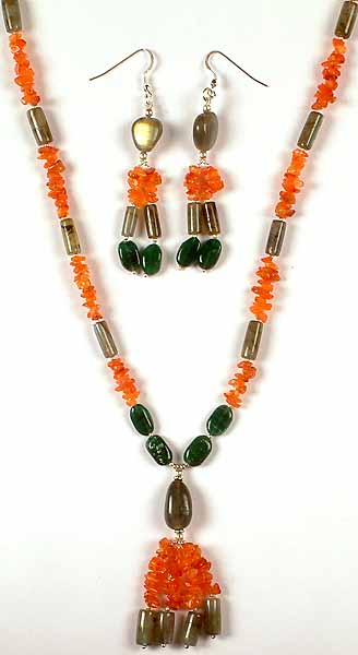 Tricolor Gemstone Necklace & Earrings Set<br>(Carnelian, Labradorite & Green Aventurine Jade)
