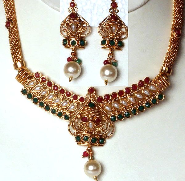 Tri-Color Polki Necklace and Earrings Set