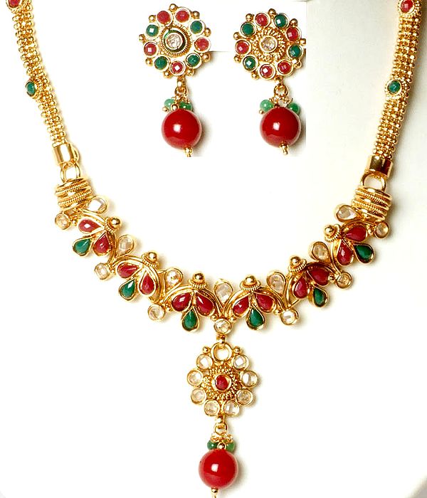 Tri-Color Polki Necklace and Earrings Set