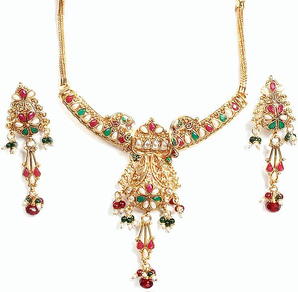 Tri-Color Polki Necklace and Earrings Set with Cut Glass