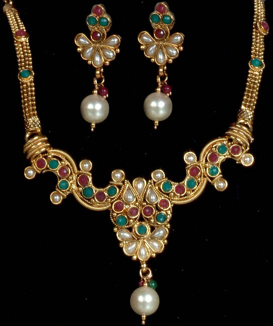 Tri-Color Polki Necklace and Earrings Set with Dangling Faux Pearl