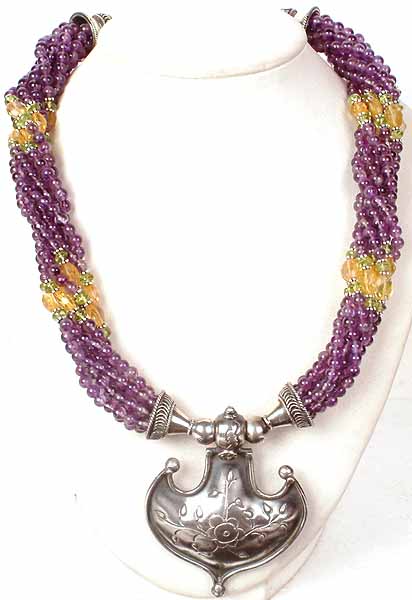 Triple Color Bunch Necklace with Carved Sterling Pendant