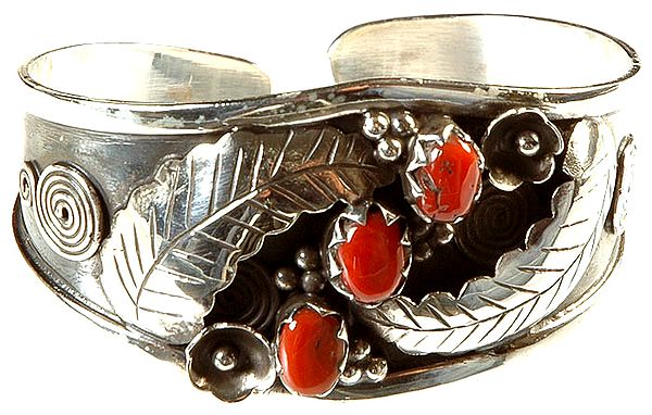 Triple Coral Cuff Bangle with Sterling Leaves and Spiral