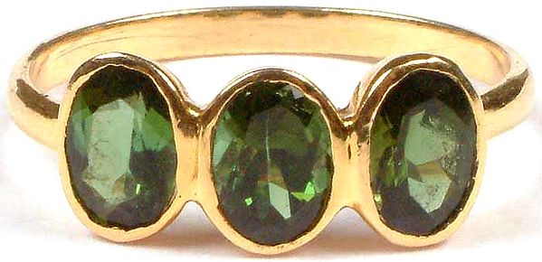 Triple Stone Faceted Green Tourmaline Gold Ring