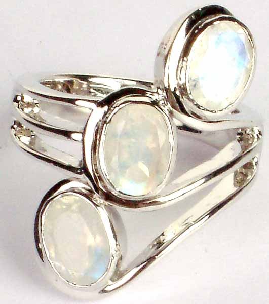 Triple Stone Faceted Rainbow Moonstone Ring