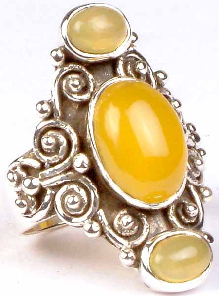 Triple Stone Yellow Chalcedony Ring