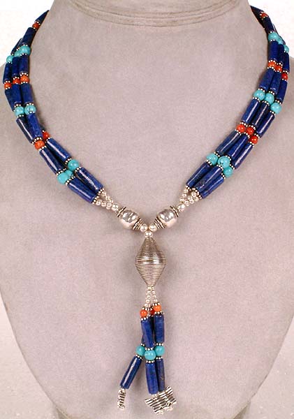 Triple Strand Necklace of Turquoise, Coral and Lapis