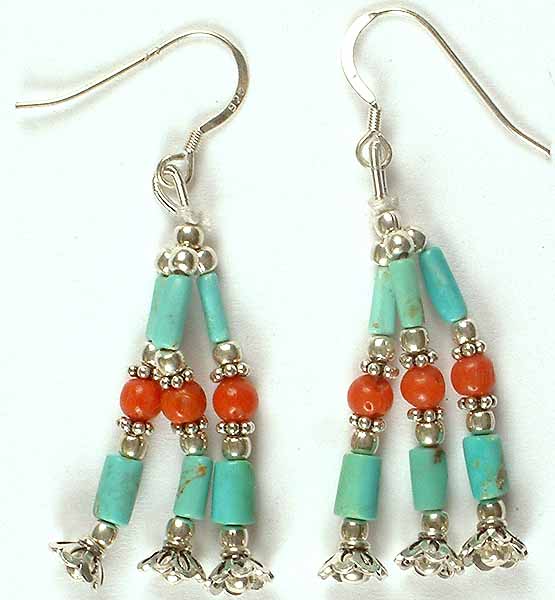 Turquoise & Coral Beaded Earrings