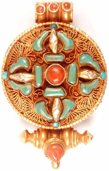 Turquoise & Coral Double Dorje Pendant (Gold Plated Gau Box with Filigree)