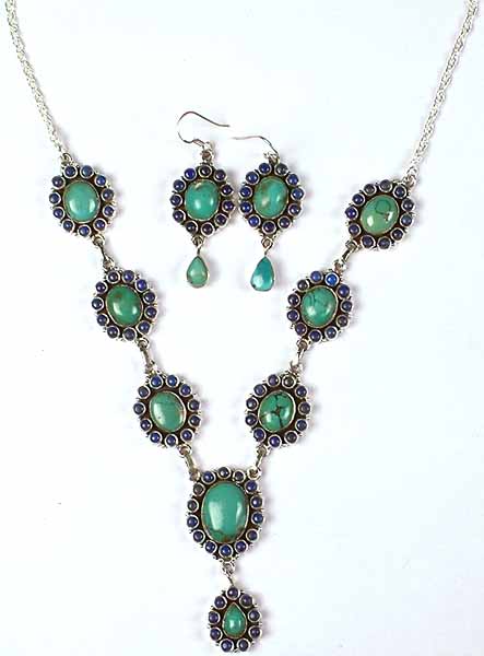 Turquoise & Lapis Lazuli Necklace With Matching Earrings Set
