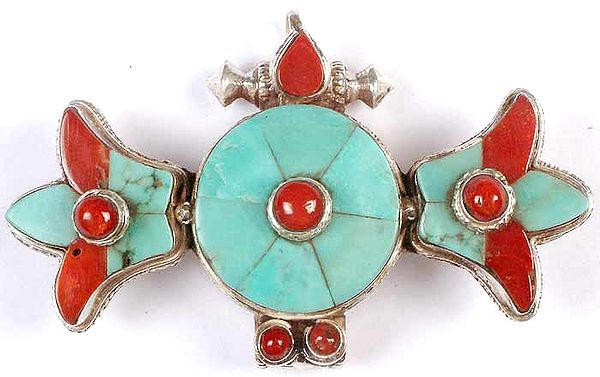 Turquoise and Coral Box Pendant from Nepal