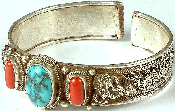 Turquoise and Coral Bracelet with Filigree