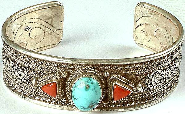 Turquoise and Coral Bracelet with Filigree