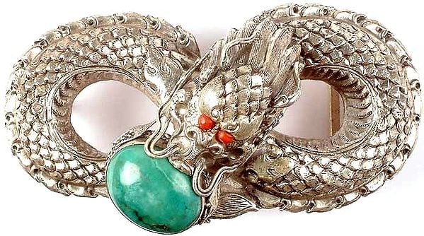 Turquoise and Coral Dragon Belt Buckle