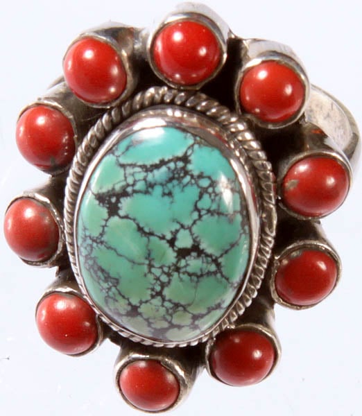 Turquoise and Coral Finger Ring