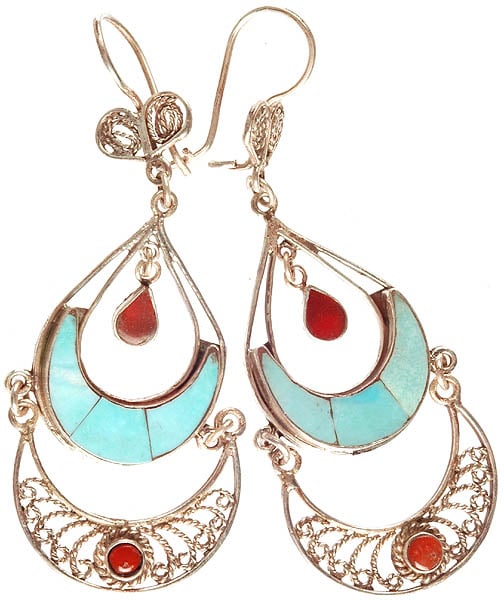 Turquoise and Coral Inlay Crescent Earrings with Knotted Rope