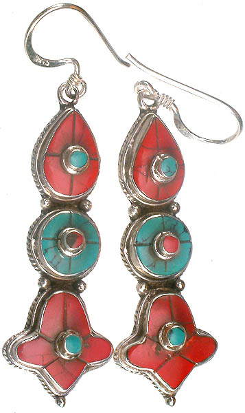 Turquoise and Coral Inlay Earrings