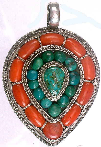 Turquoise and Coral Inverted Teardrop Pendant