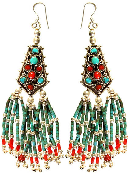 Turquoise and Coral Nepalese Shower Earrings
