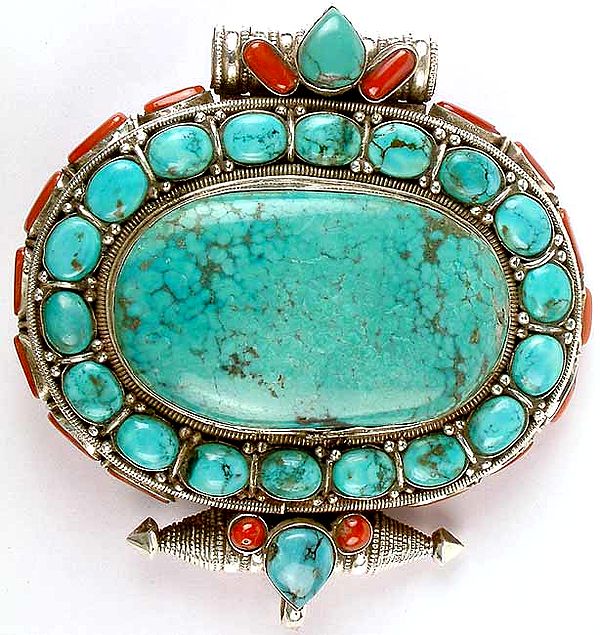 Turquoise and Coral Pendant (Gau Box)