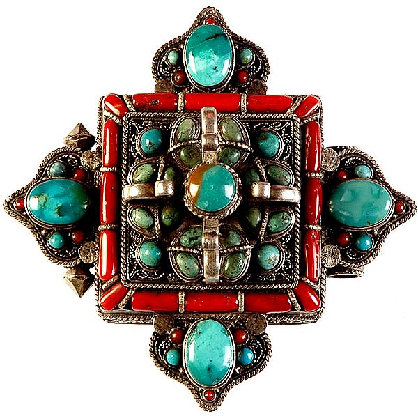 Turquoise and Coral Gau Box Pendant
