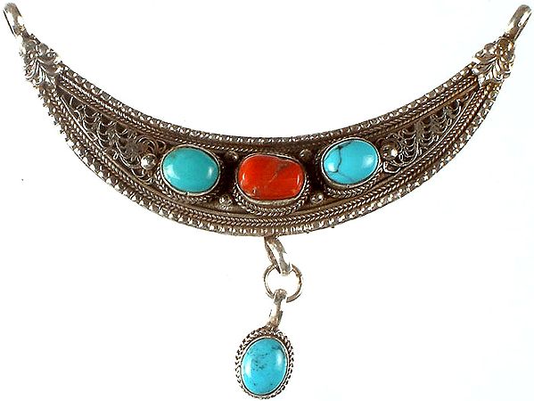 Turquoise and Coral Pendant with Filigree