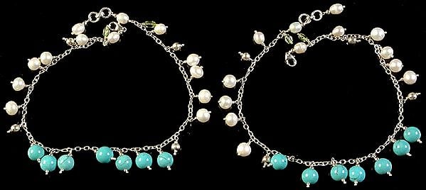 Turquoise and Pearl Anklets (Price Per Pair)