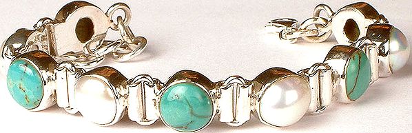 Turquoise and Pearl Bracelet with Fish Lock