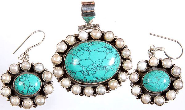 Turquoise and Pearl Pendant with Matching Earrings Set
