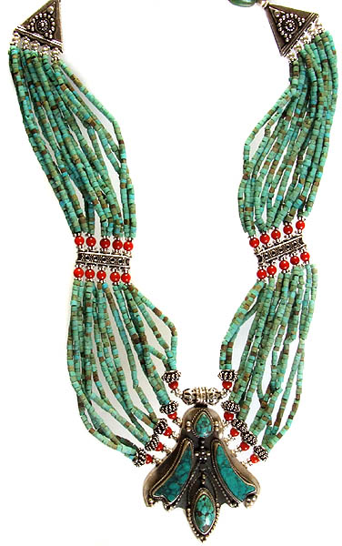 Turquoise Bunch Beaded Necklace with Coral