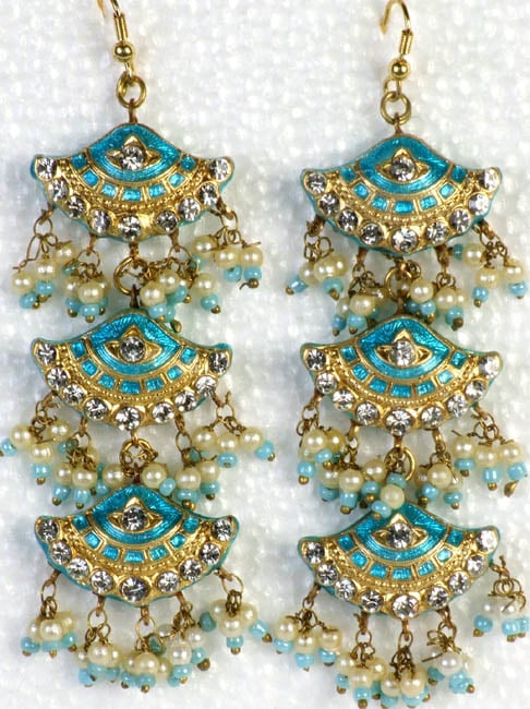 Turquoise Colored Meenakari Dangling Shoulder-Duster Earrings