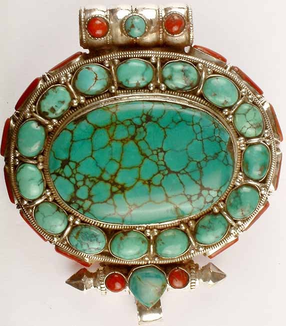 Turquoise Coral Gau Box Pendant from Nepal
