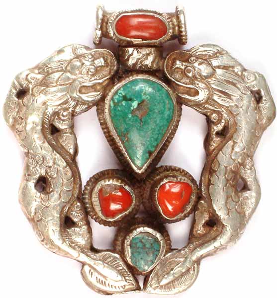 Turquoise Coral Pendant with Dragons