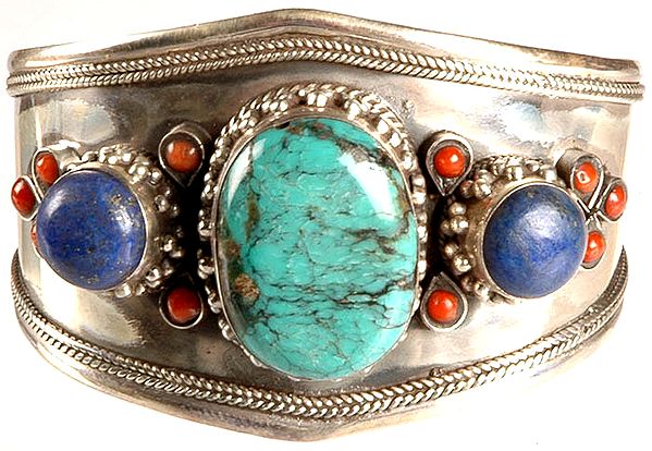 Turquoise Cuff Bangle with Lapis Lazuli and Coral