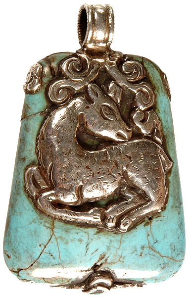 Turquoise Double-sided Pendant of Butterfly and Deer at Front