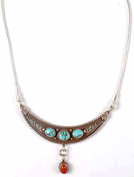 Turquoise Filigree Necklace With Dangling Coral