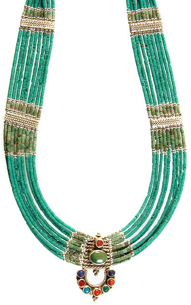 Turquoise Fiver Layer Beaded Necklace with Coral and Lapis Lazuli