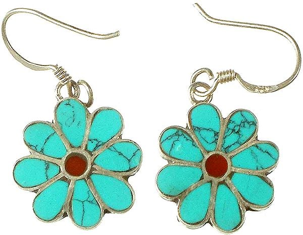 Turquoise Flower Earrings with Coral