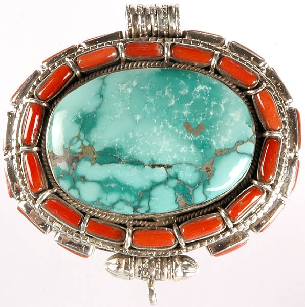 Turquoise Gau Box Pendant with Coral