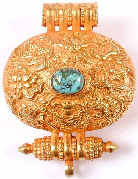 Turquoise Gau Box Pendant with Eight Auspicious Symbols of Buddhism (Gold Plated)