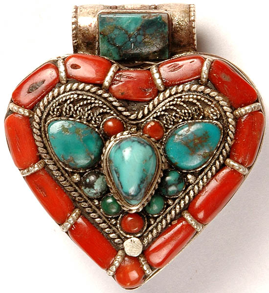 Turquoise Heart Gau Box Pendant with Coral and Filigree