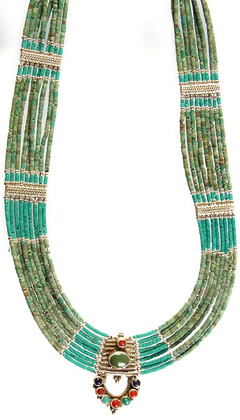 Turquoise Inlay Marvel Beaded Necklace with Coral and Lapis Lazuli