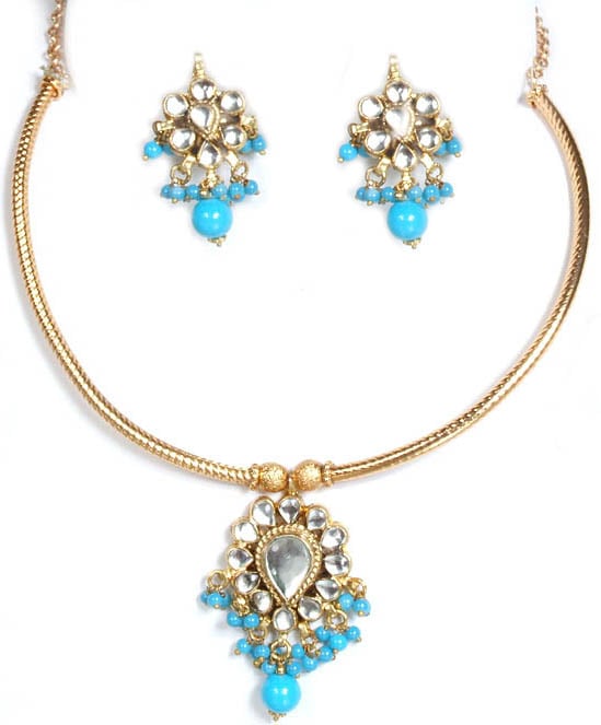 Turquoise Kundan Choker Necklace with Earrings