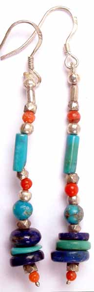 Turquoise Lapis and Coral Earrings