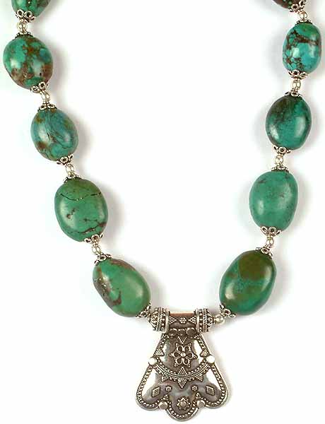 Turquoise Necklace With Granulated Sterling Pendant