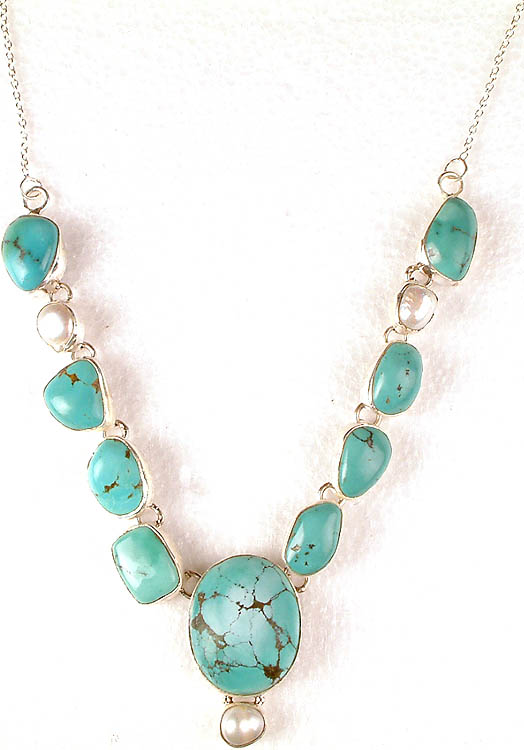 Turquoise Necklace with Pearl and Fish Lock