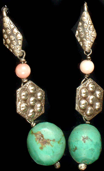 Turquoise Nugget Antiquated Earrings with Pink Opal