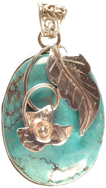Turquoise Oval Pendant with Sterling Leaf and Flower